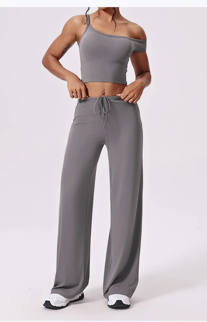 Grey yoga pants front view on model