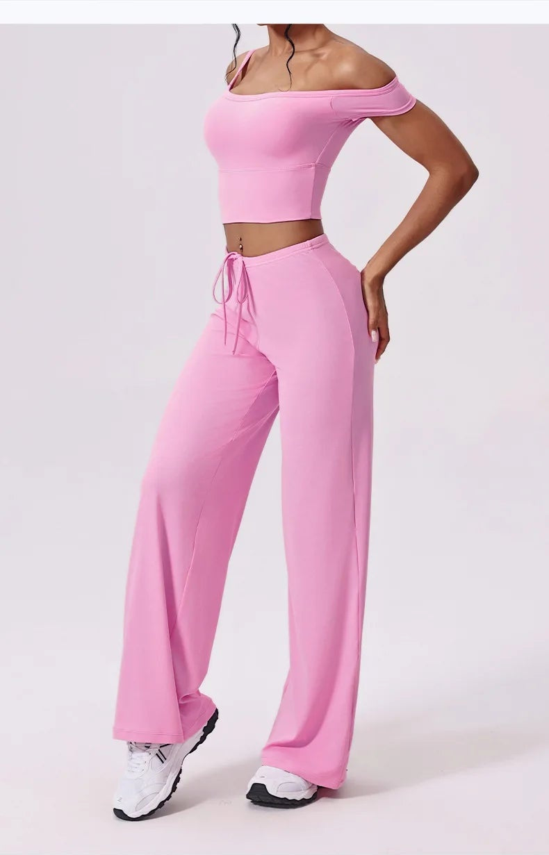 Pink yoga pants front view with drawstring waist