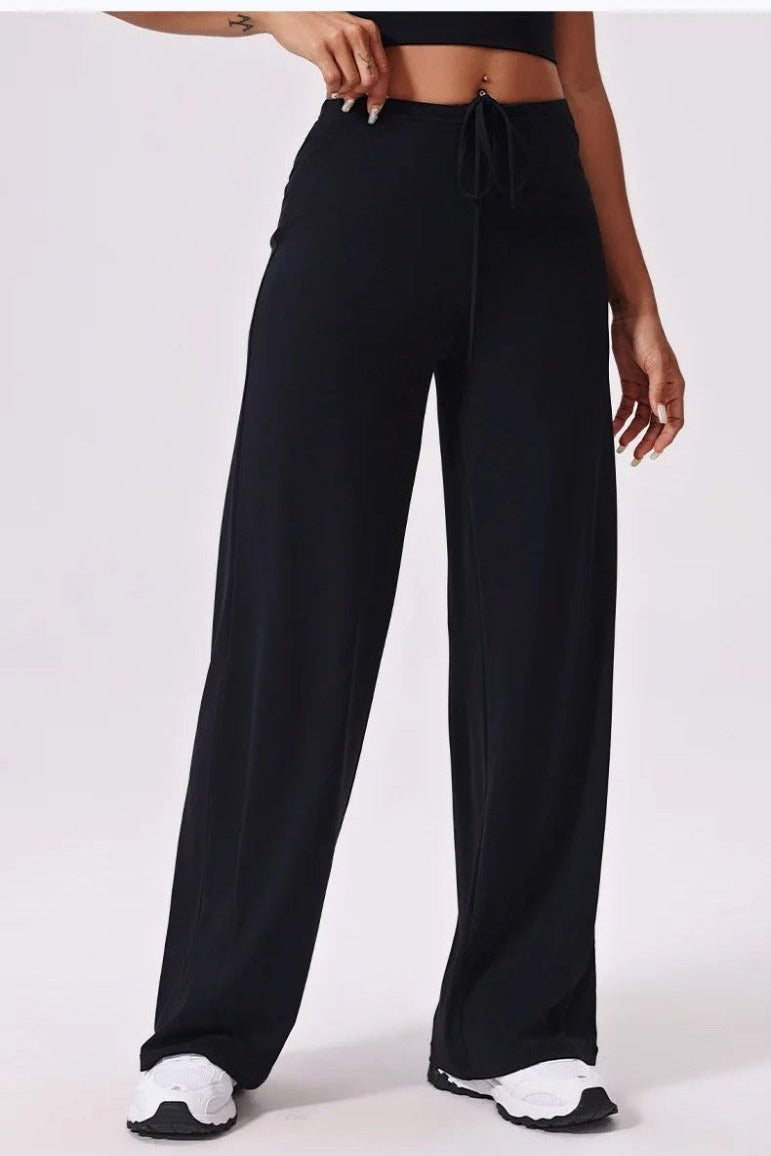 Black wide leg workout pants, front, drawstring waist
