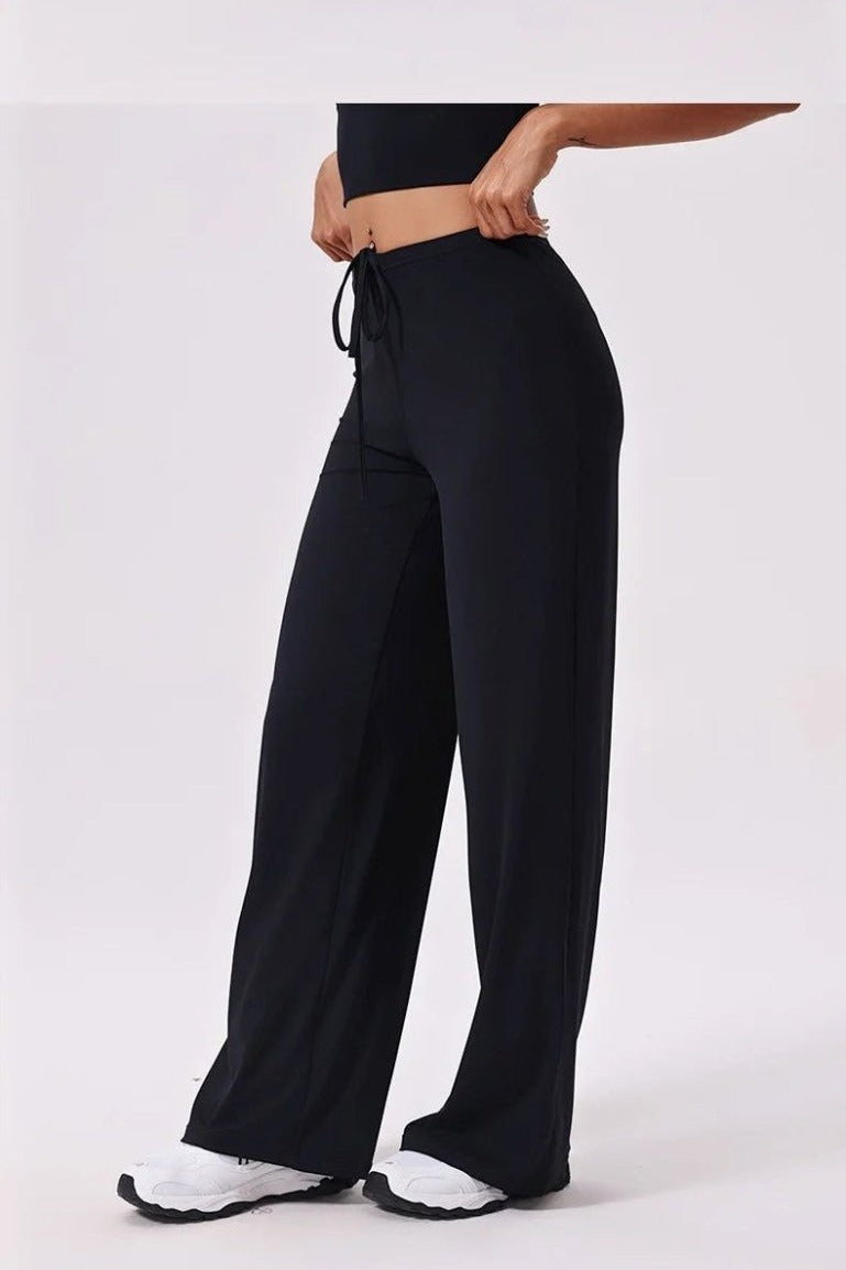 Black wide leg yoga pants, front, full length