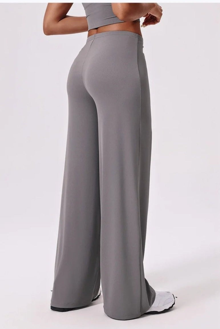 Grey wide leg yoga pants, back, seat and hem