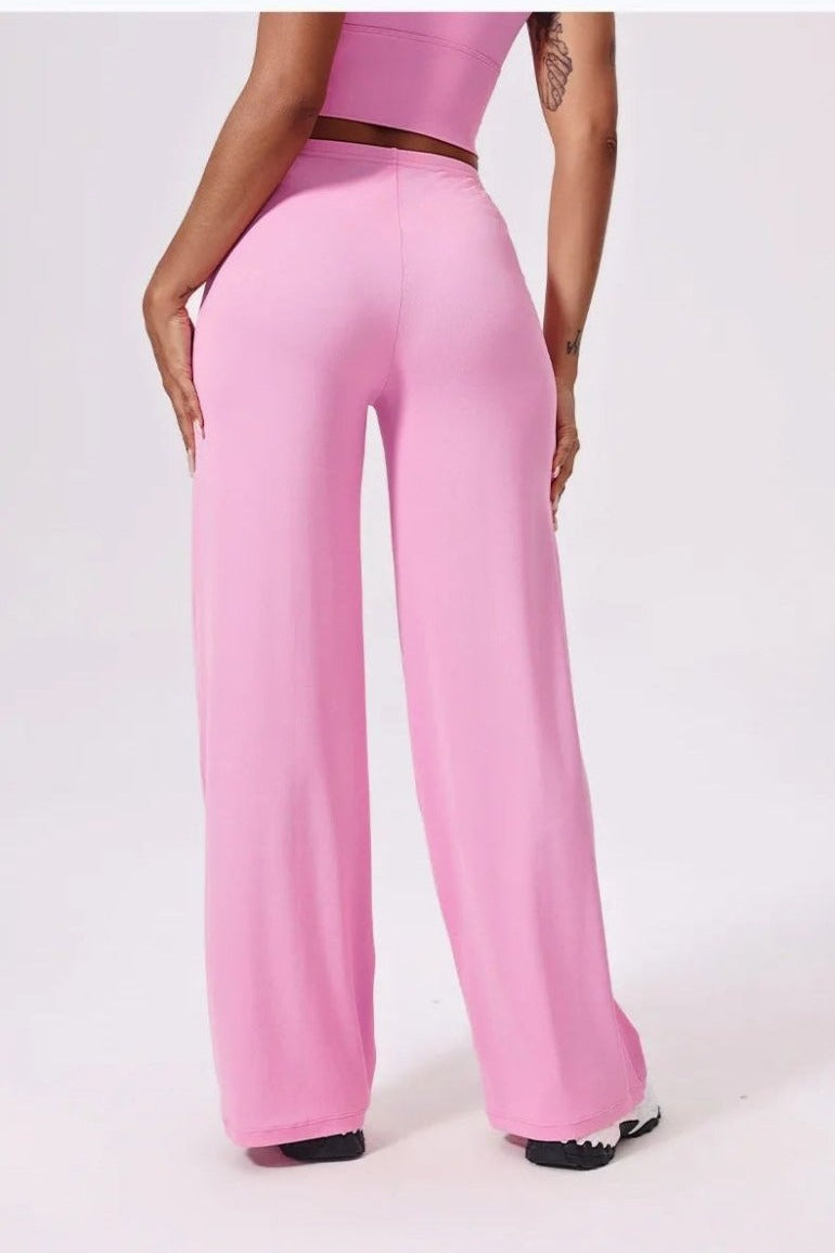 Pink wide leg yoga pants, back view