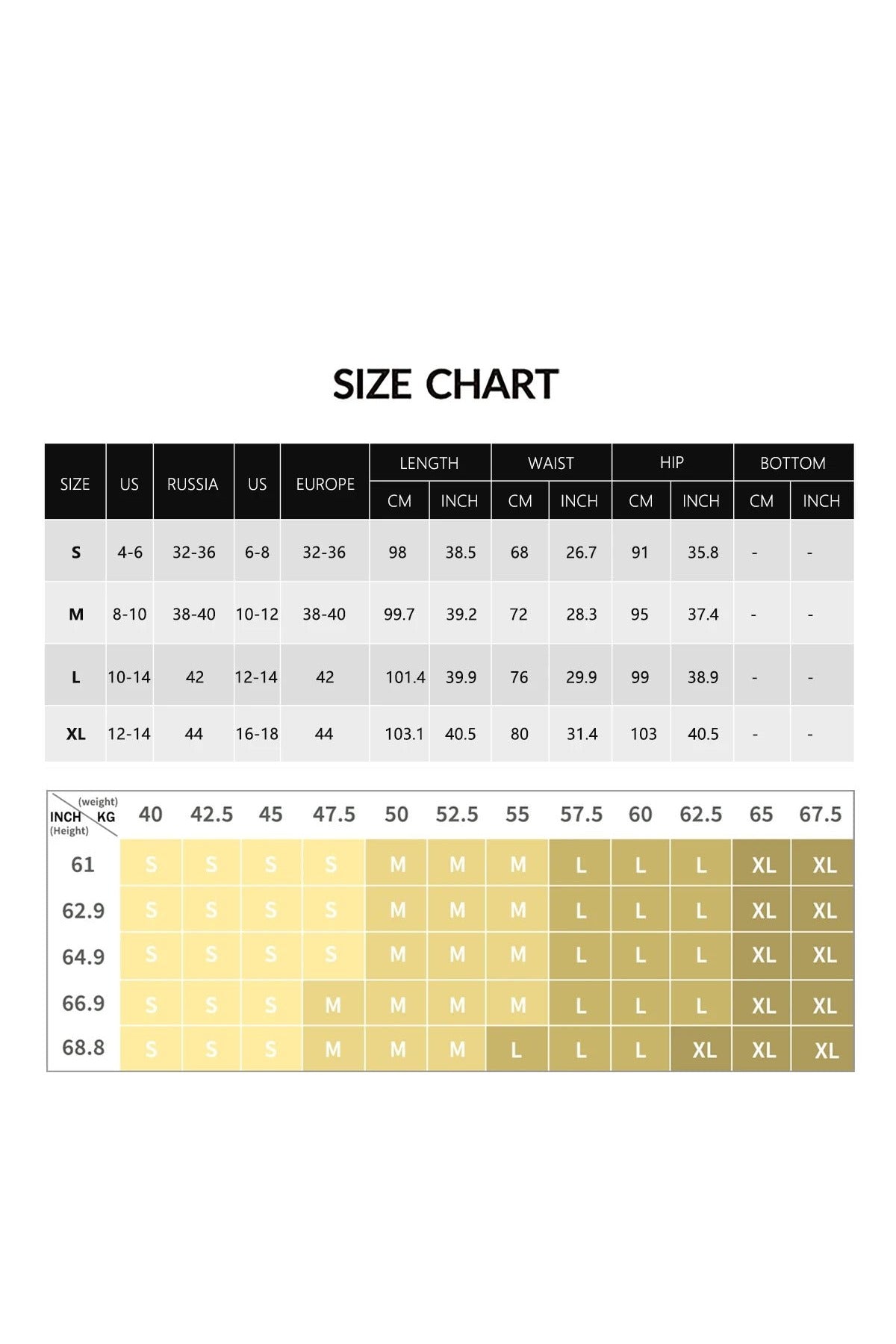 Size chart for wide leg yoga pants, S to XL, waist hip and length in cm and inches with US sizes