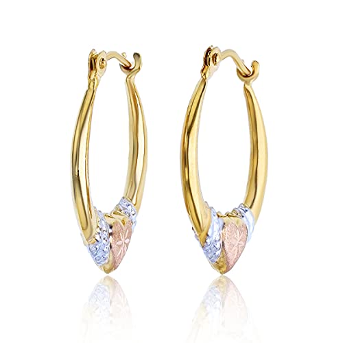 14K Gold Tricolor Diamond Cut Heart Hoop Earrings - TGC Boutique - Gold Earrings