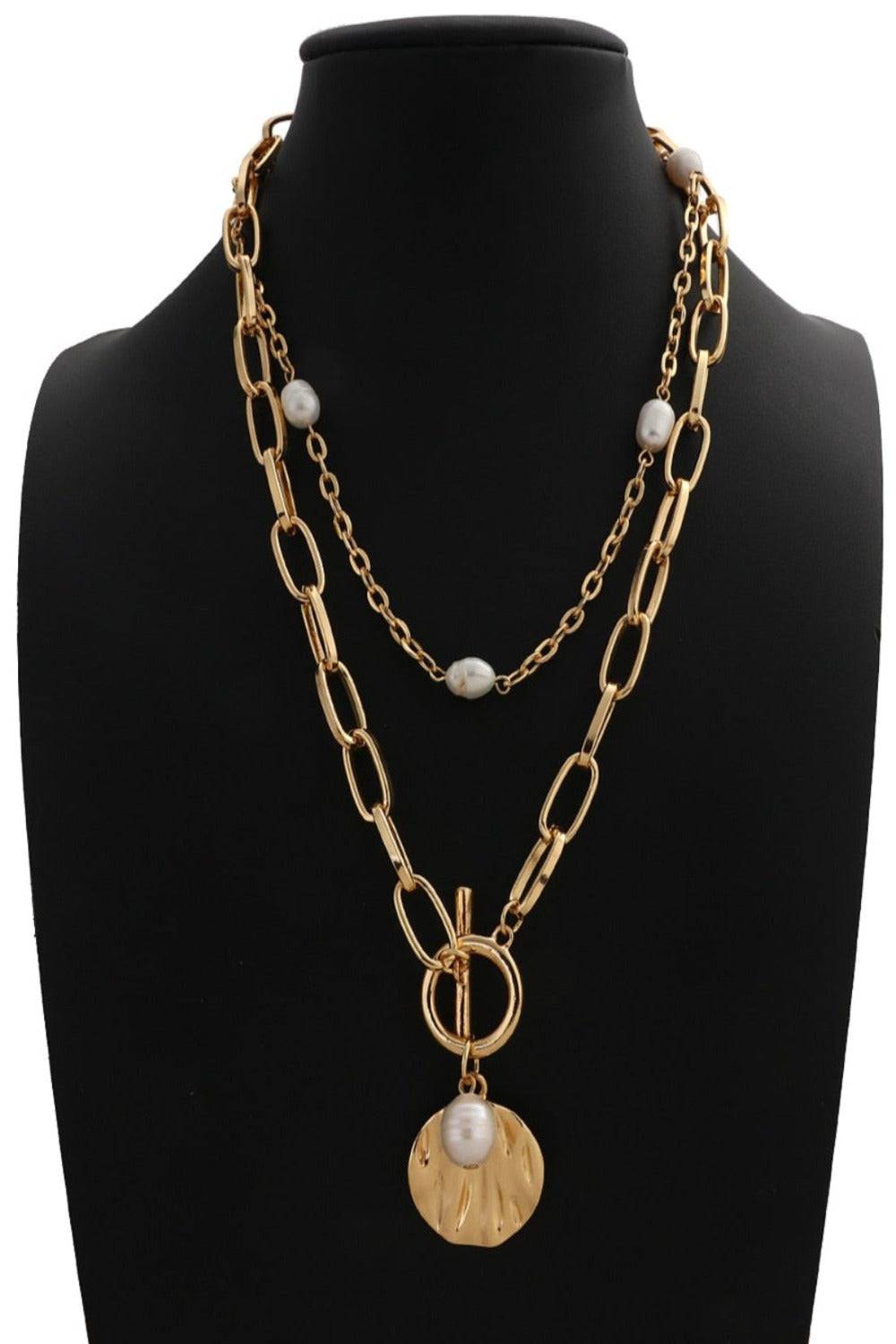 2 Tier Pearl Chain Pendant Gold Layered Necklace - TGC Boutique - Gold Necklace