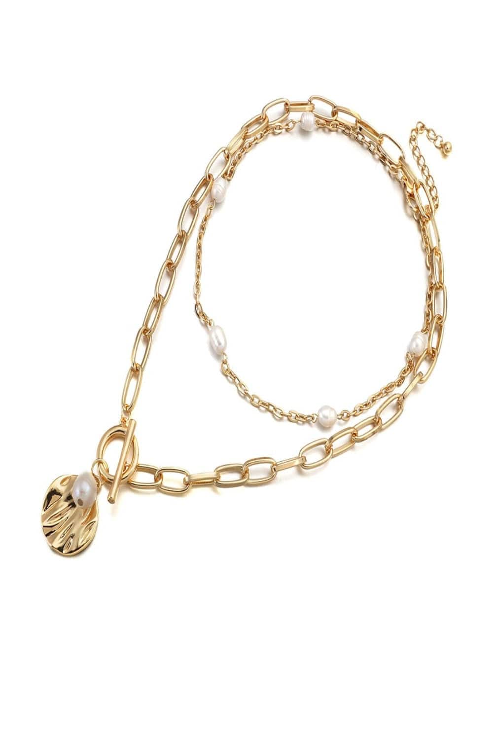 2 Tier Pearl Chain Pendant Gold Layered Necklace - TGC Boutique - Gold Necklace