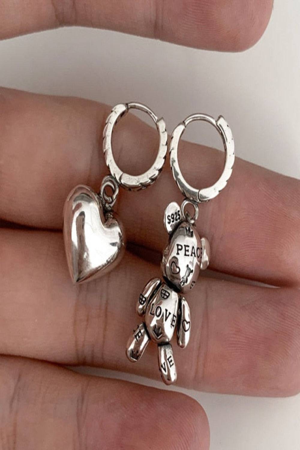 925 Sterling Silver Teddy Bear Heart Charm Earrings