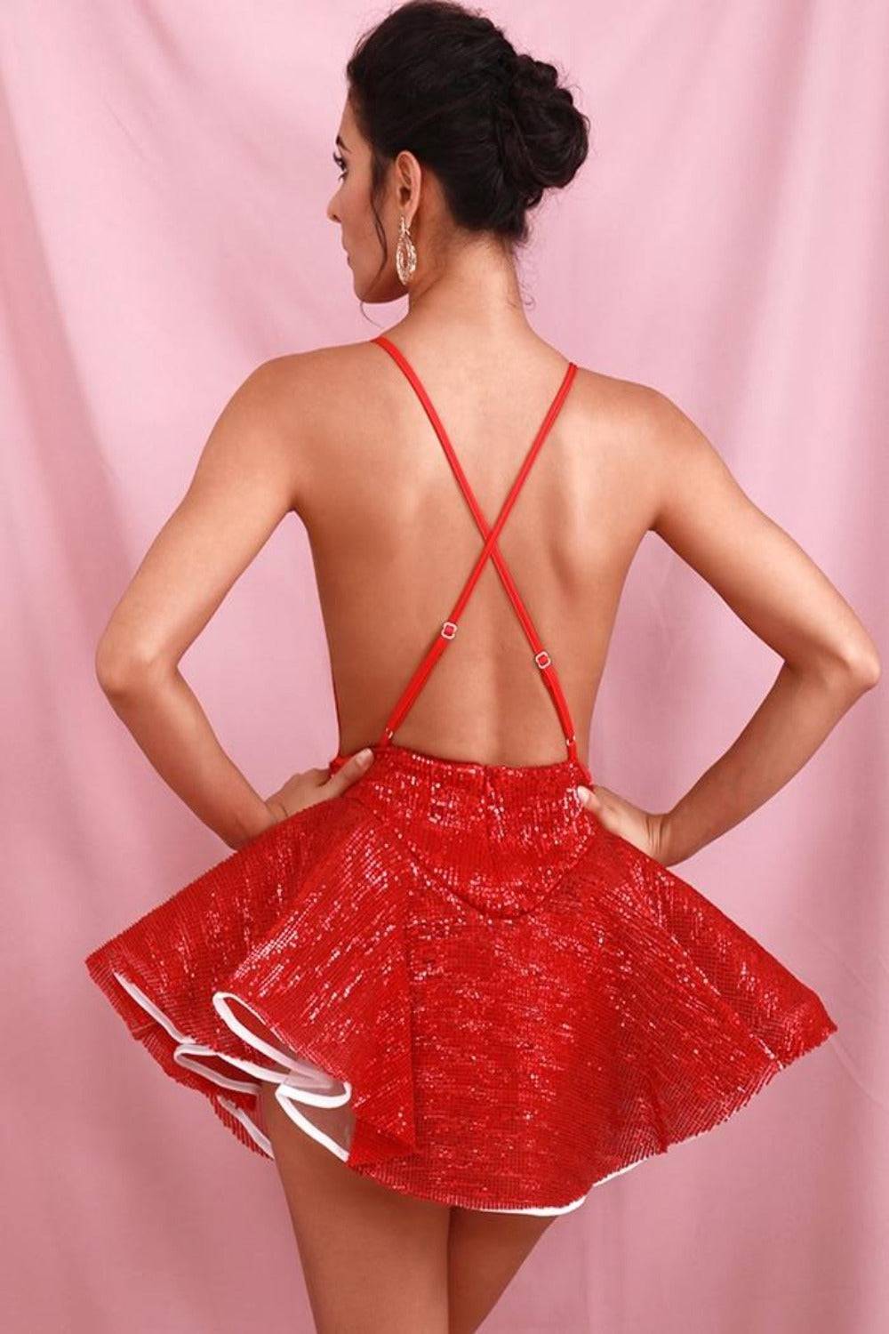 A Night In The Ballet Sequins Red Ruffle Mini Dress - TGC Boutique - Mini Dress
