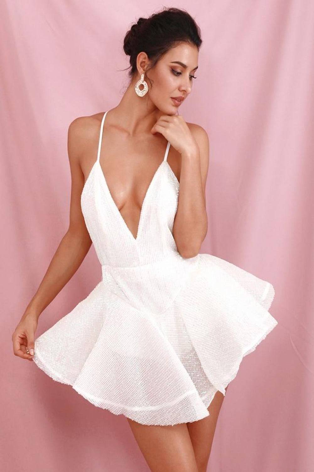 A Night In The Ballet Sequins White Ruffle Mini Dress - TGC Boutique - White Jumpsuits