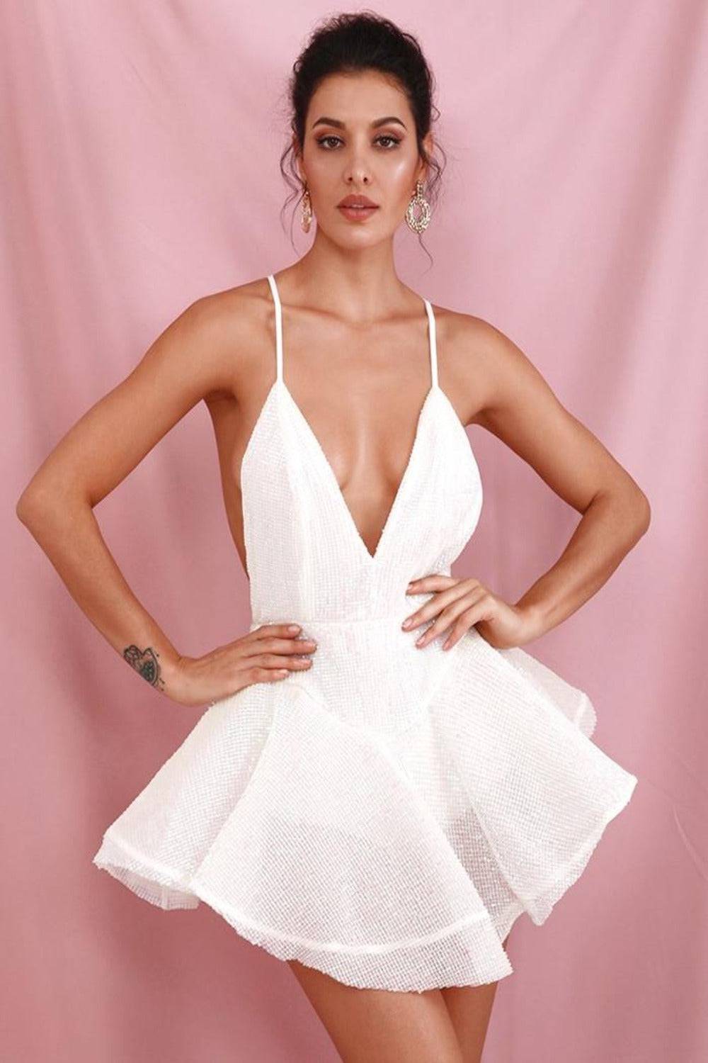 A Night In The Ballet Sequins White Ruffle Mini Dress - TGC Boutique - White Jumpsuits