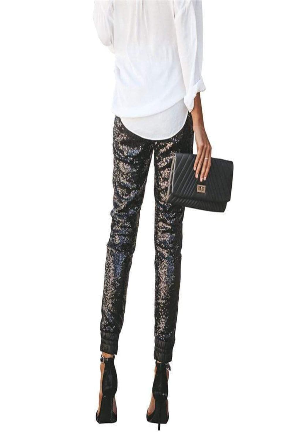 All That Glam Glitter Stretch Sequin Elastic Skinny Leg Pants - Black - TGC Boutique - Pants