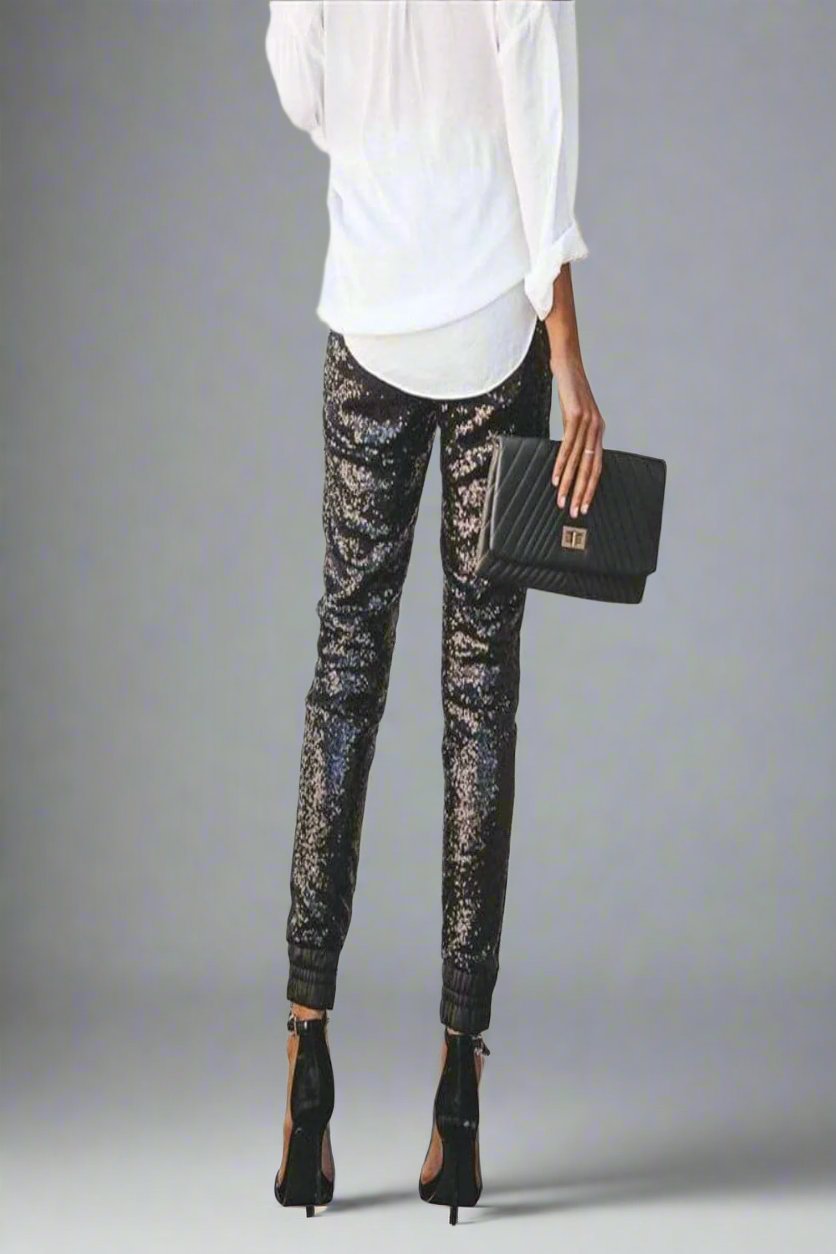 All That Glam Glitter Stretch Sequin Elastic Skinny Leg Pants - Black - TGC Boutique - Pants