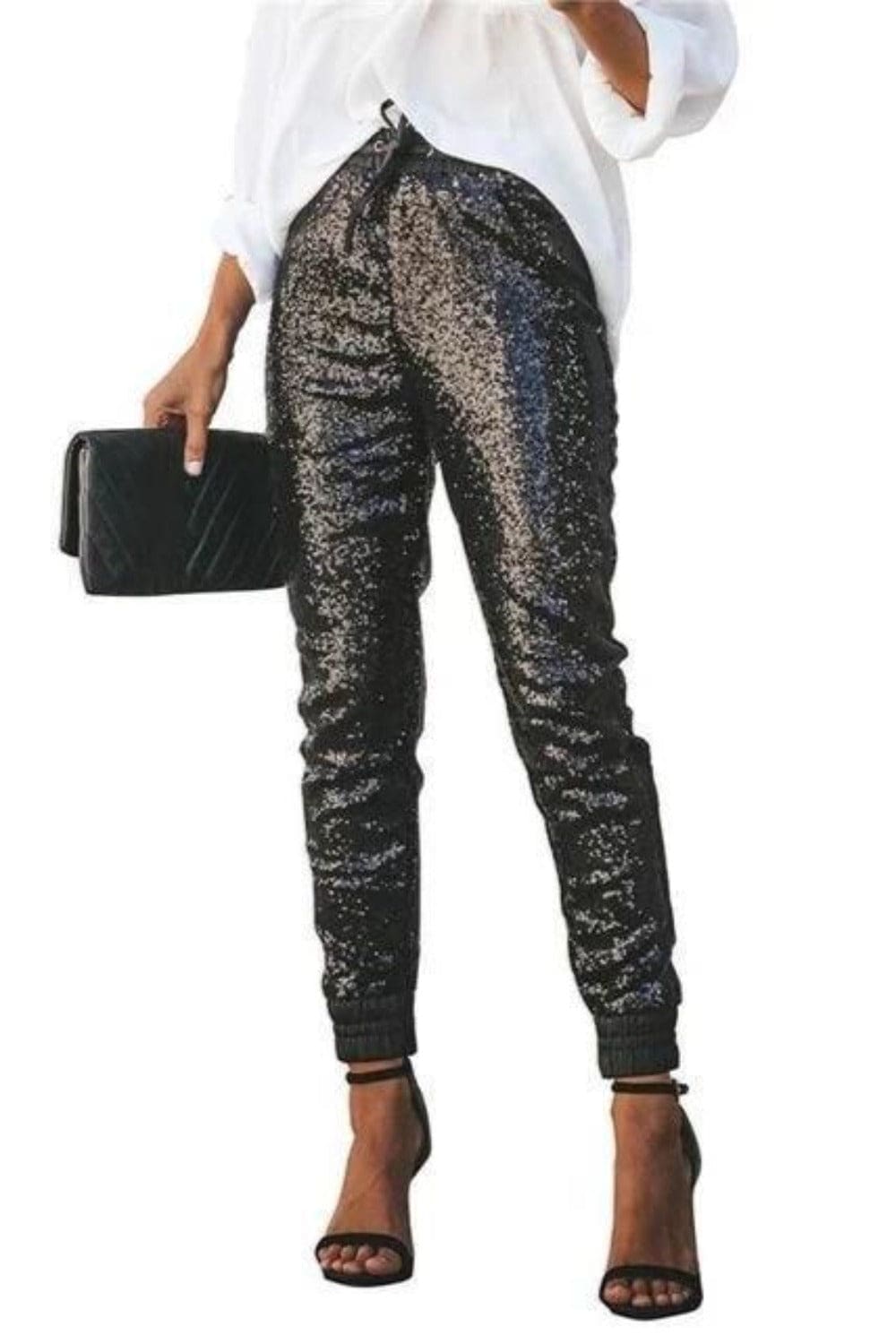 All That Glam Glitter Stretch Sequin Elastic Skinny Leg Pants - Black - TGC Boutique - Pants