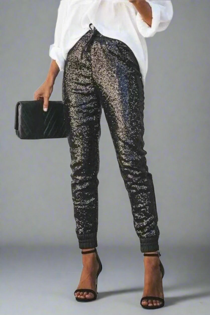 All That Glam Glitter Stretch Sequin Elastic Skinny Leg Pants - Black - TGC Boutique - Pants