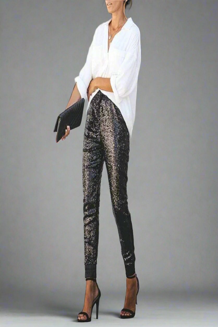 All That Glam Glitter Stretch Sequin Elastic Skinny Leg Pants - Black - TGC Boutique - Pants