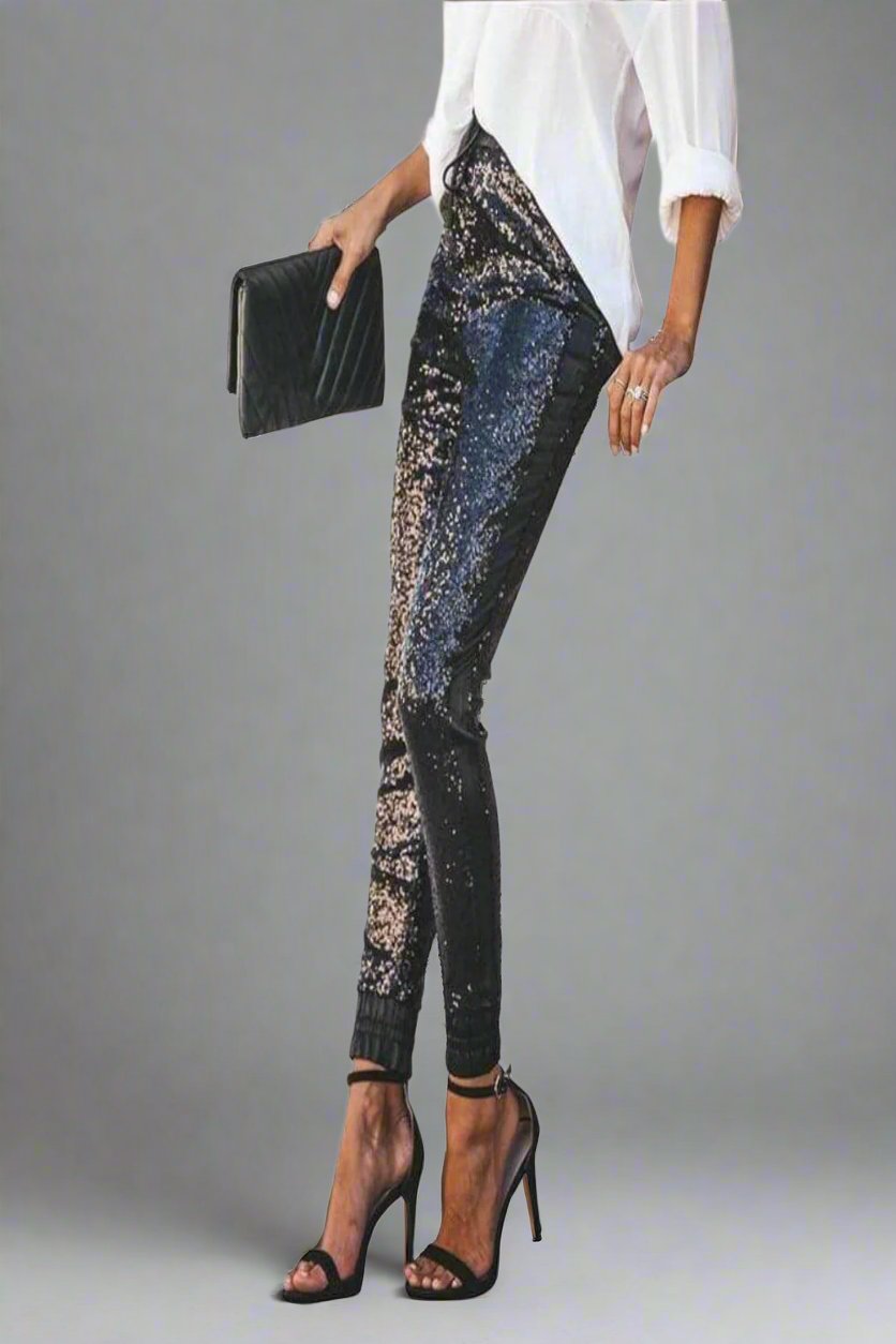 All That Glam Glitter Stretch Sequin Elastic Skinny Leg Pants - Black - TGC Boutique - Pants