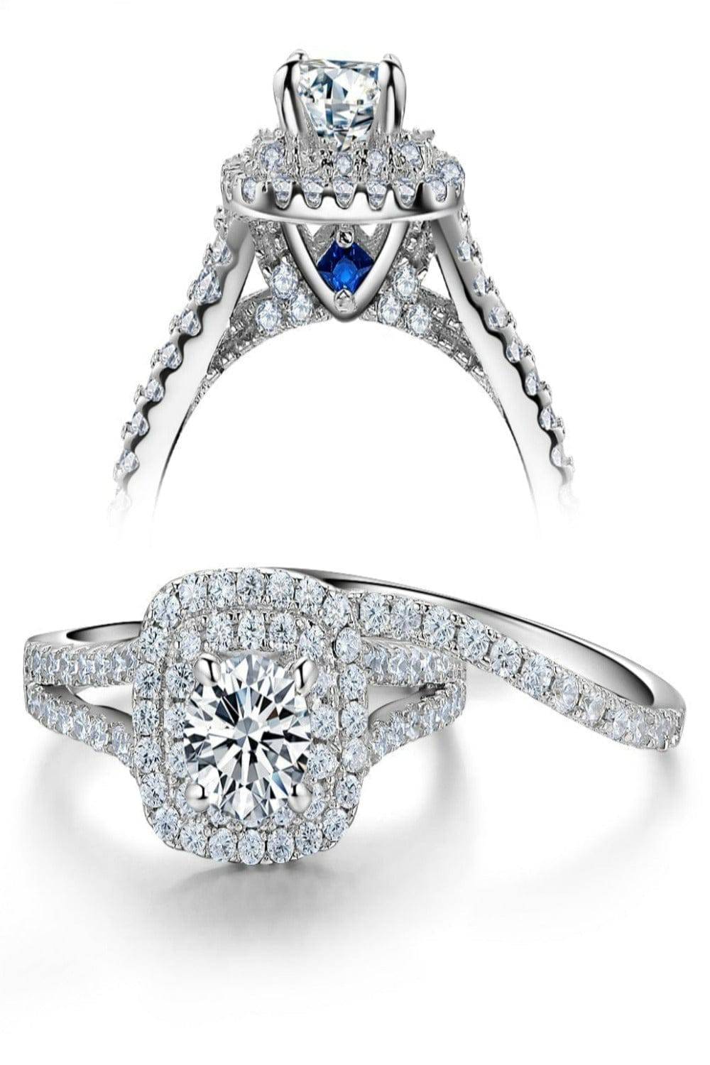 Art Deco Round Cut Blue Sapphire Engagement Ring Set - TGC Boutique - Sterling Silver Ring Set