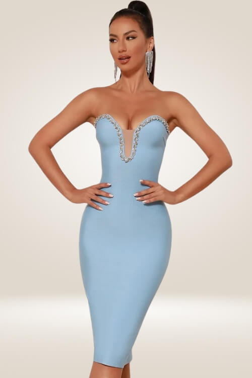 Azure Elegance Crystal Trim Bodycon Midi Dress - TGC Boutique - Bodycon Dress