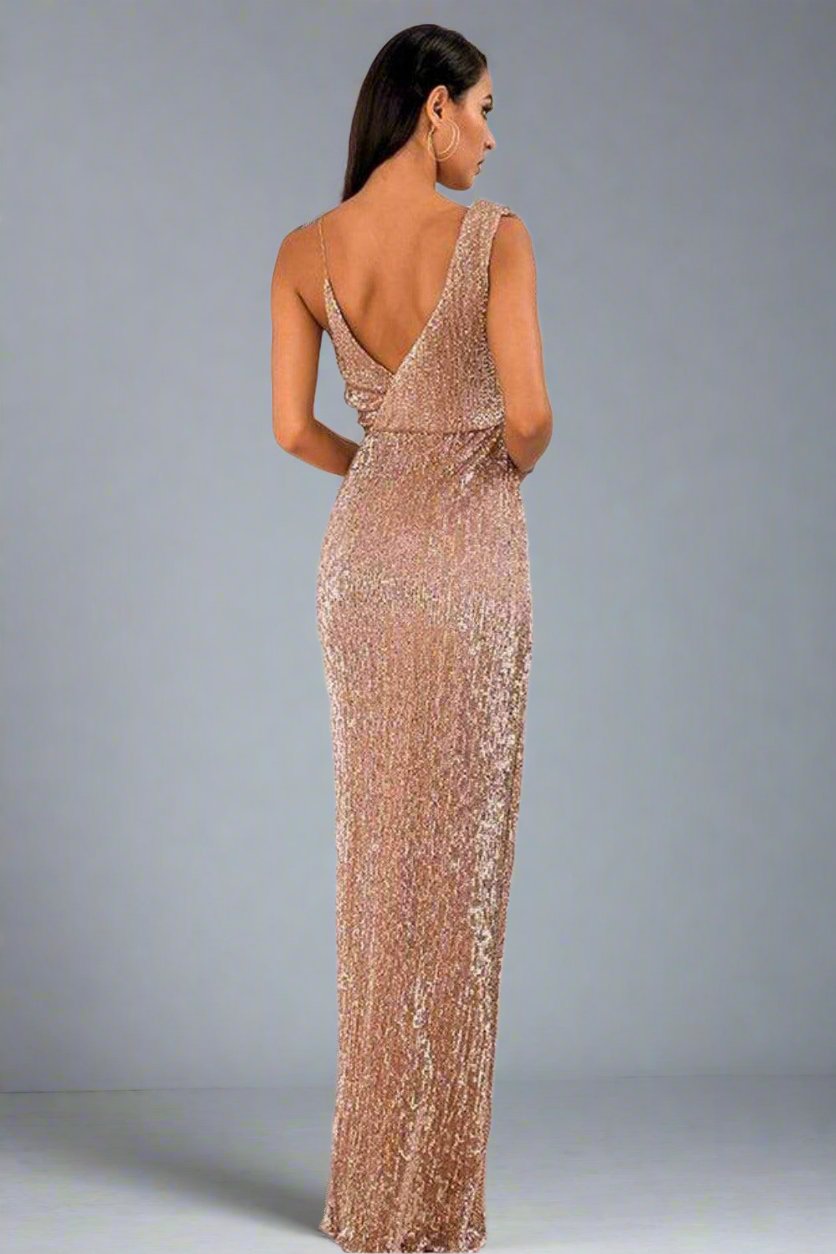 Backless High Slit Rose Gold Sequin Maxi Dress - TGC Boutique - Evening Gown