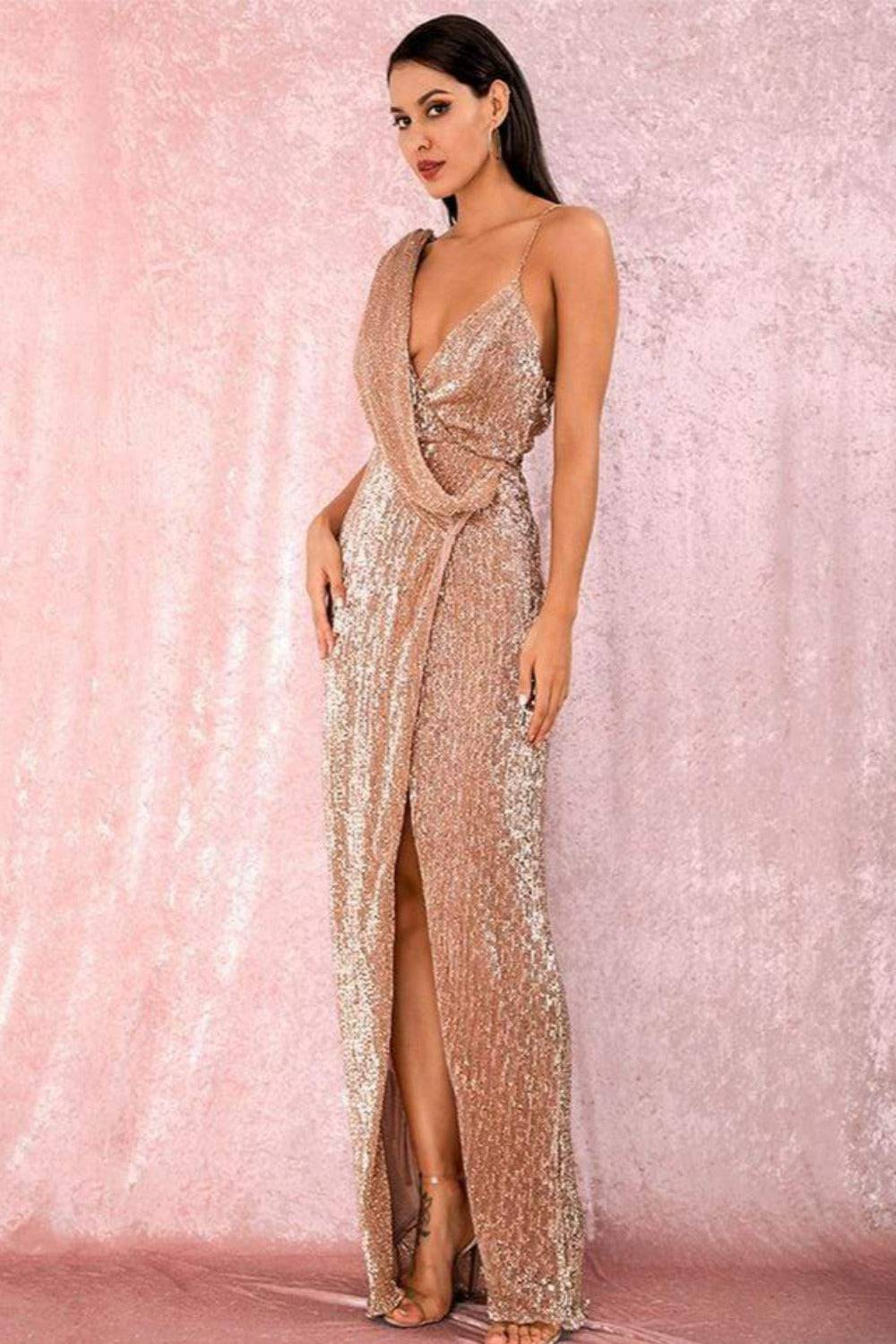 Backless High Slit Rose Gold Sequin Maxi Dress - TGC Boutique - Evening Gown