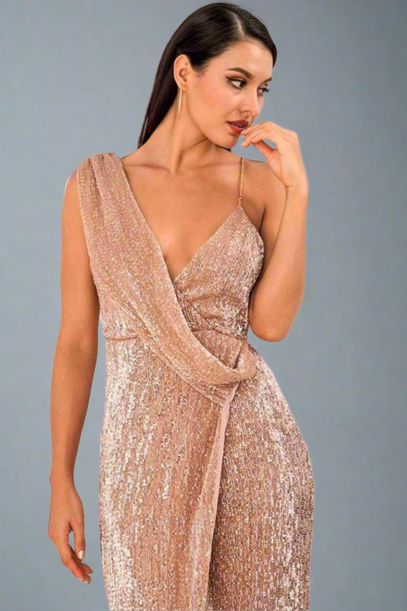 Backless High Slit Rose Gold Sequin Maxi Dress - TGC Boutique - Evening Gown