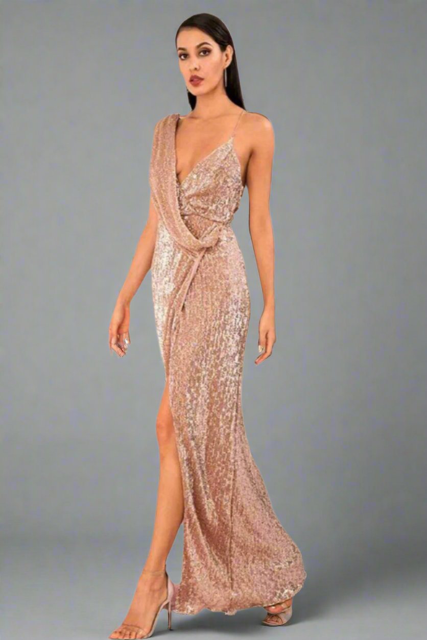 Backless High Slit Rose Gold Sequin Maxi Dress - TGC Boutique - Evening Gown