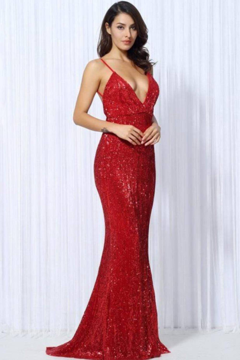 Backless Red Sequin Maxi Dress - TGC Boutique - Evening Gown