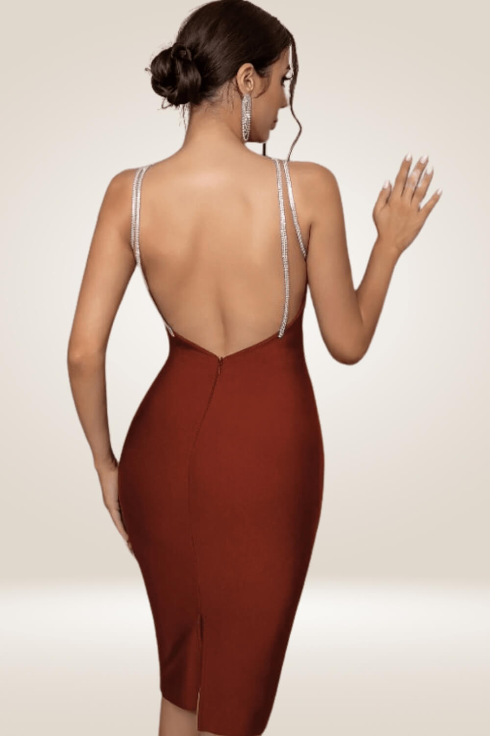 Backless Rhinestone Strap Brown Bodycon Dress - TGC Boutique Backless Rhinestone Strap Brown Bodycon Dress - TGC Boutique