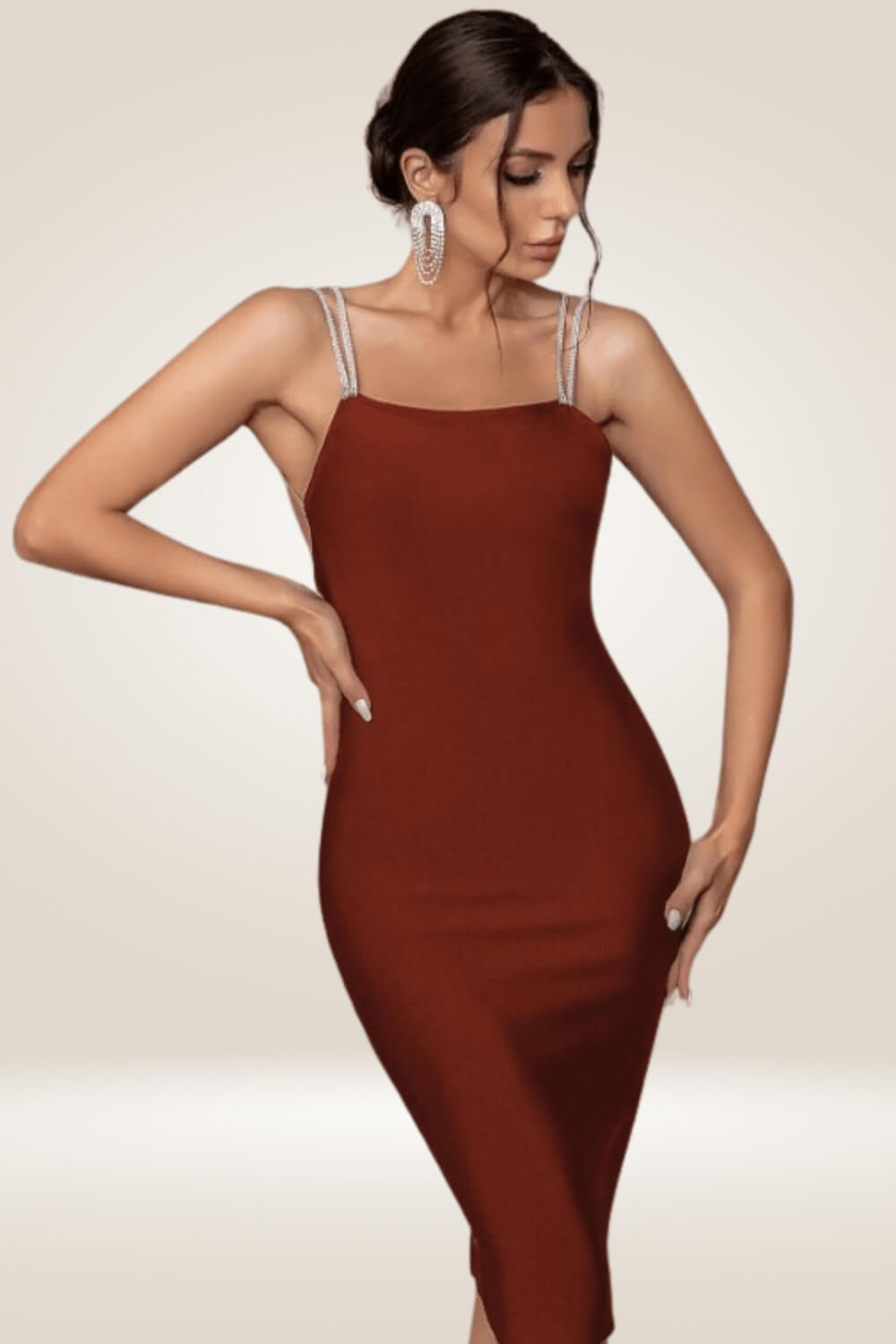 Backless Rhinestone Strap Brown Bodycon Dress - TGC Boutique - Bodycon Dress