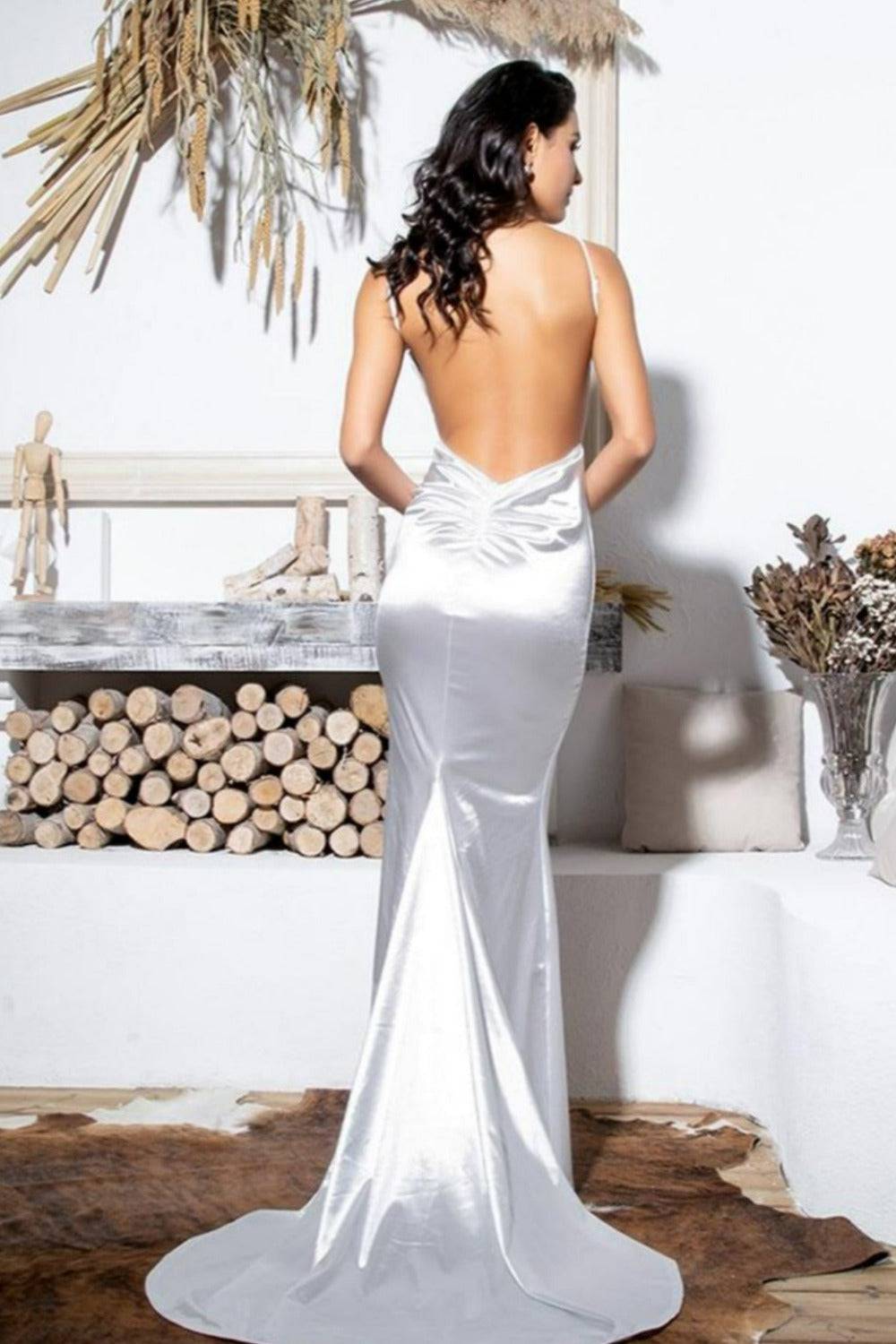Backless Satin Dress In White - TGC Boutique - Wedding Dress