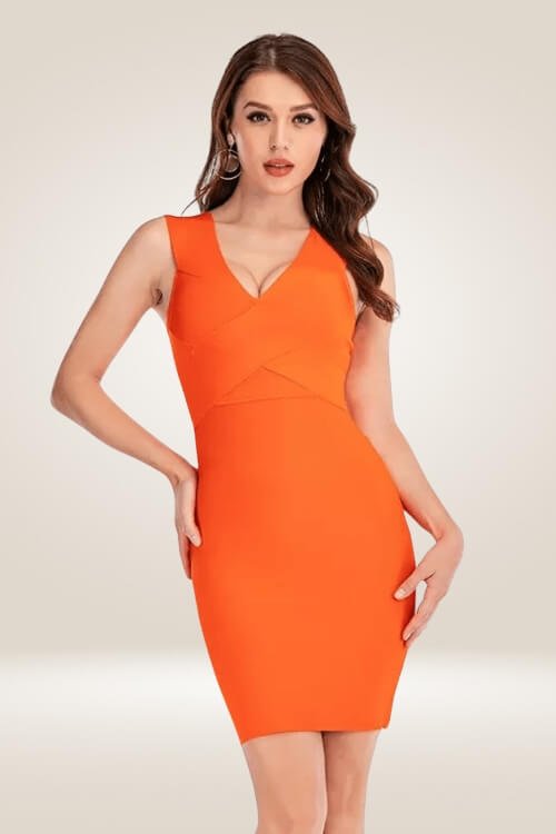 Bandage Deep V-Neck Orange Bodycon Dress - TGC Boutique - Bodycon Dress