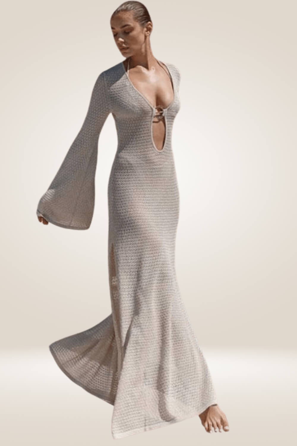 Beige Long Sleeve Crochet Maxi Dress - TGC Boutique - maxi dress