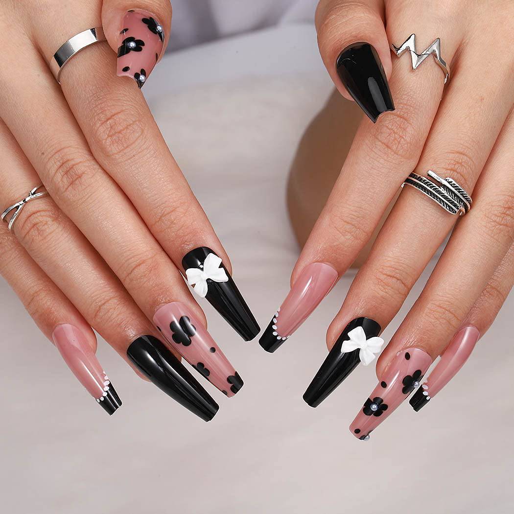 Black And White Bow Coffin Press On Nails Kit - TGC Boutique - Press On Nails