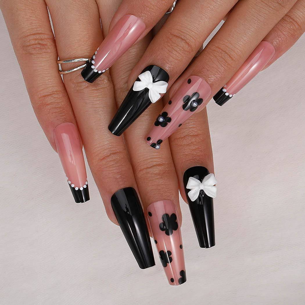 Black And White Bow Coffin Press On Nails Kit - TGC Boutique - Press On Nails