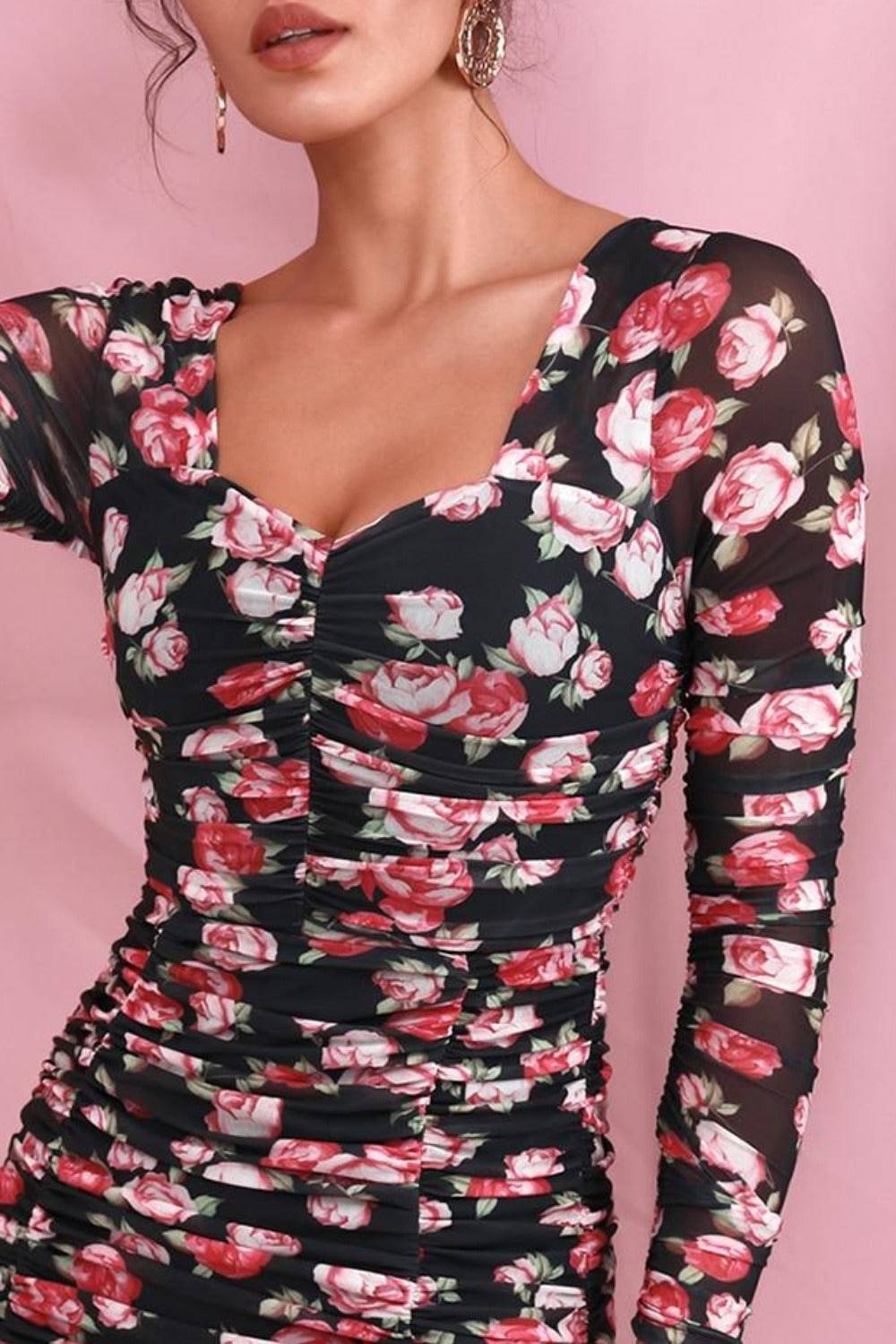 Black Floral Print Elastic Long Sleeve Midi Dress - TGC Boutique - Floral Bodycon Dress