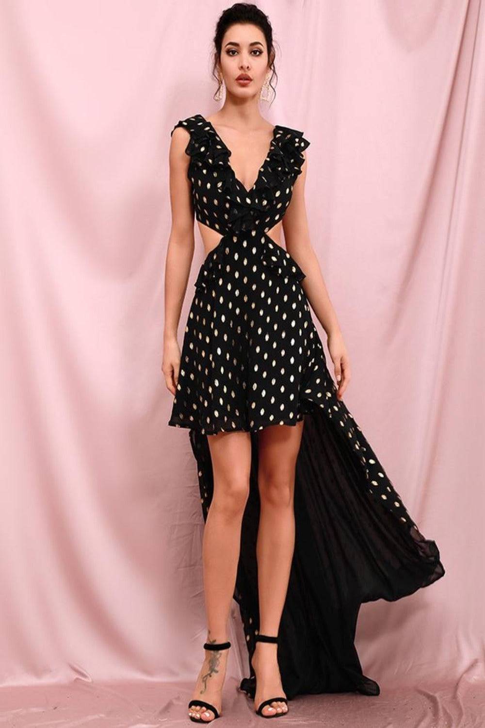 Black & Gold Polka Dot Ruffle Cut Out Long Train Dress - TGC Boutique - Black Dress