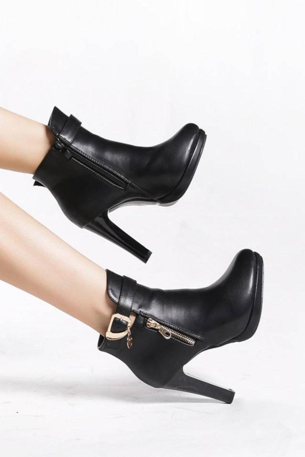 Black High Heel Short Ankle Boots With Gold Buckle - TGC Boutique - Ankle Booties