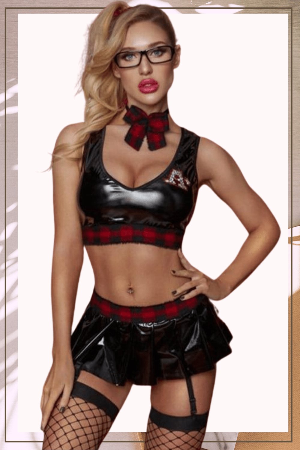 Black Latex School Girl Outfit Costume Top & Mini Skirt Two Piece Set - TGC Boutique - School Girl Costume