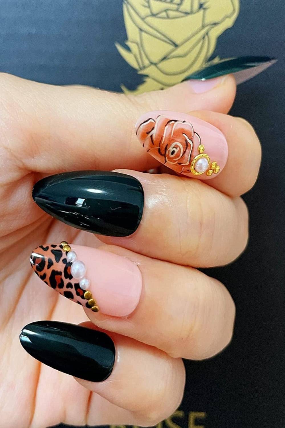 Black Leopard Print & Pearls French Tip Stiletto Press On Nails - TGC Boutique - Press On Nails