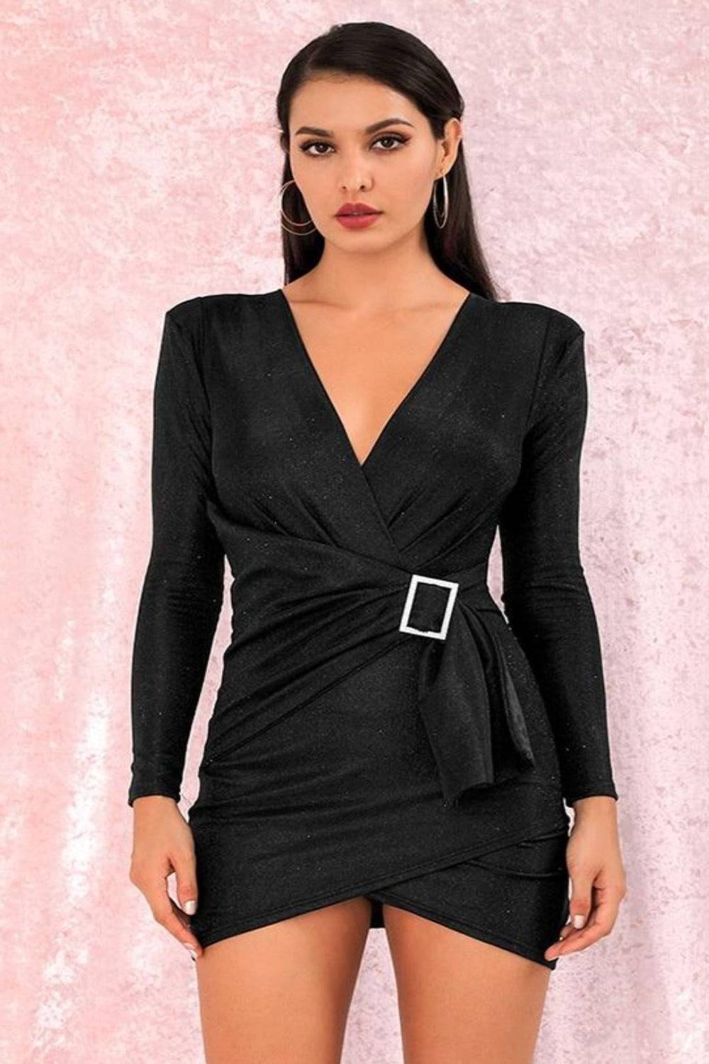 Black Metallic Foil Long Sleeve Asymmetric Belted Mini Dress - TGC Boutique - Mini Dress