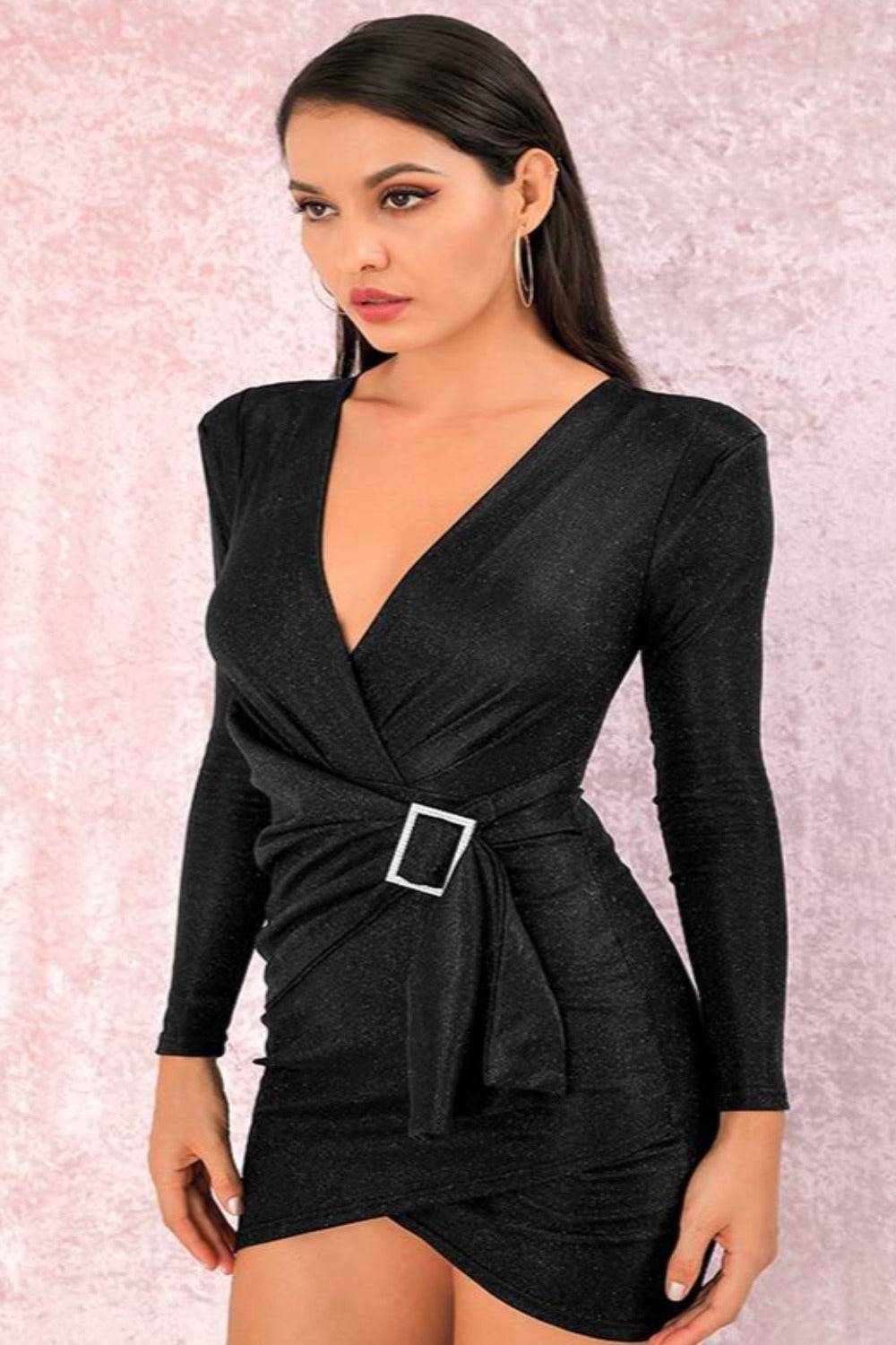 Black Metallic Foil Long Sleeve Asymmetric Belted Mini Dress - TGC Boutique - Mini Dress