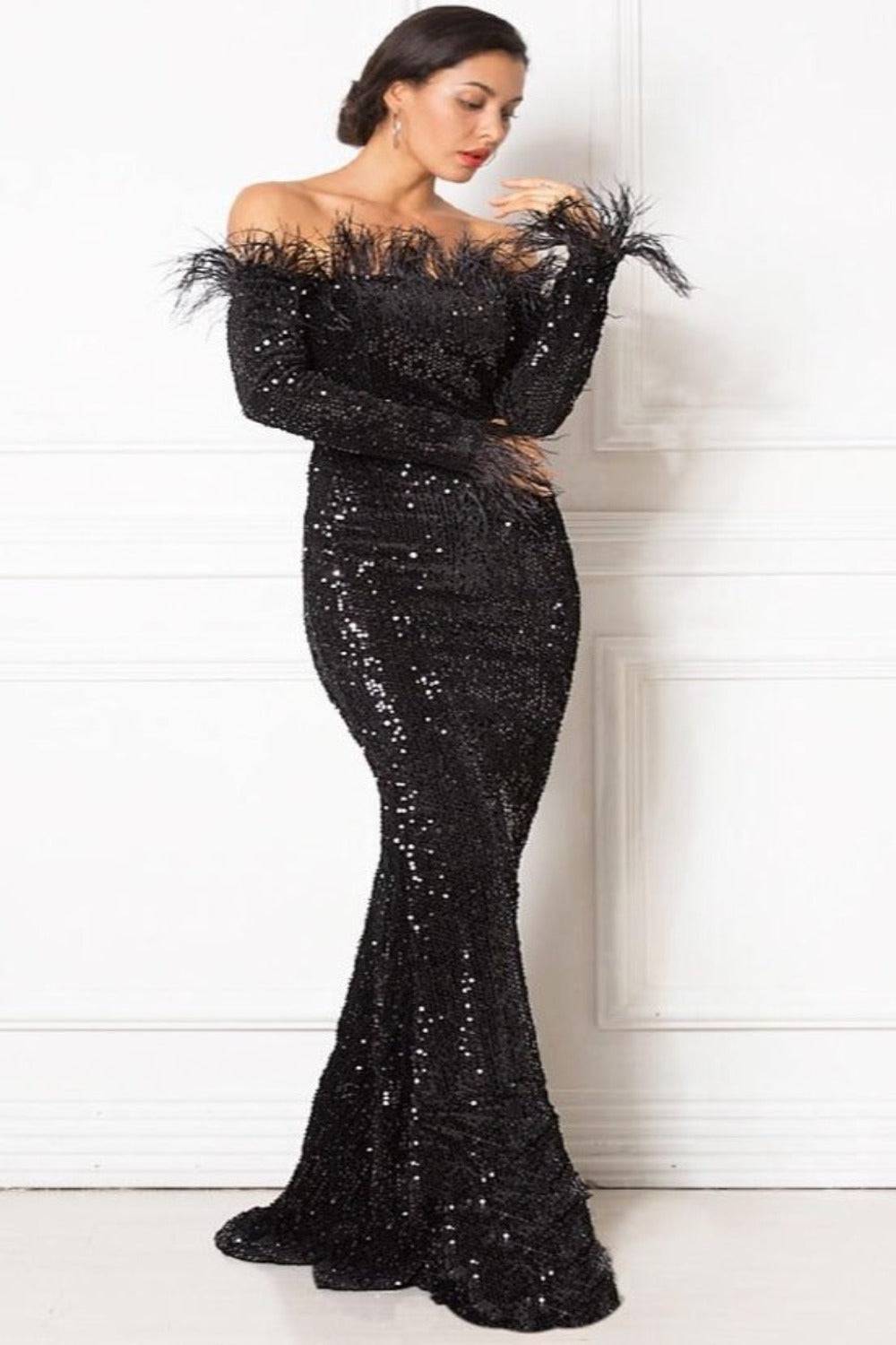 Black Sequin Strapless Feather Long Sleeve Maxi Dress - TGC Boutique - Black Feather Dress