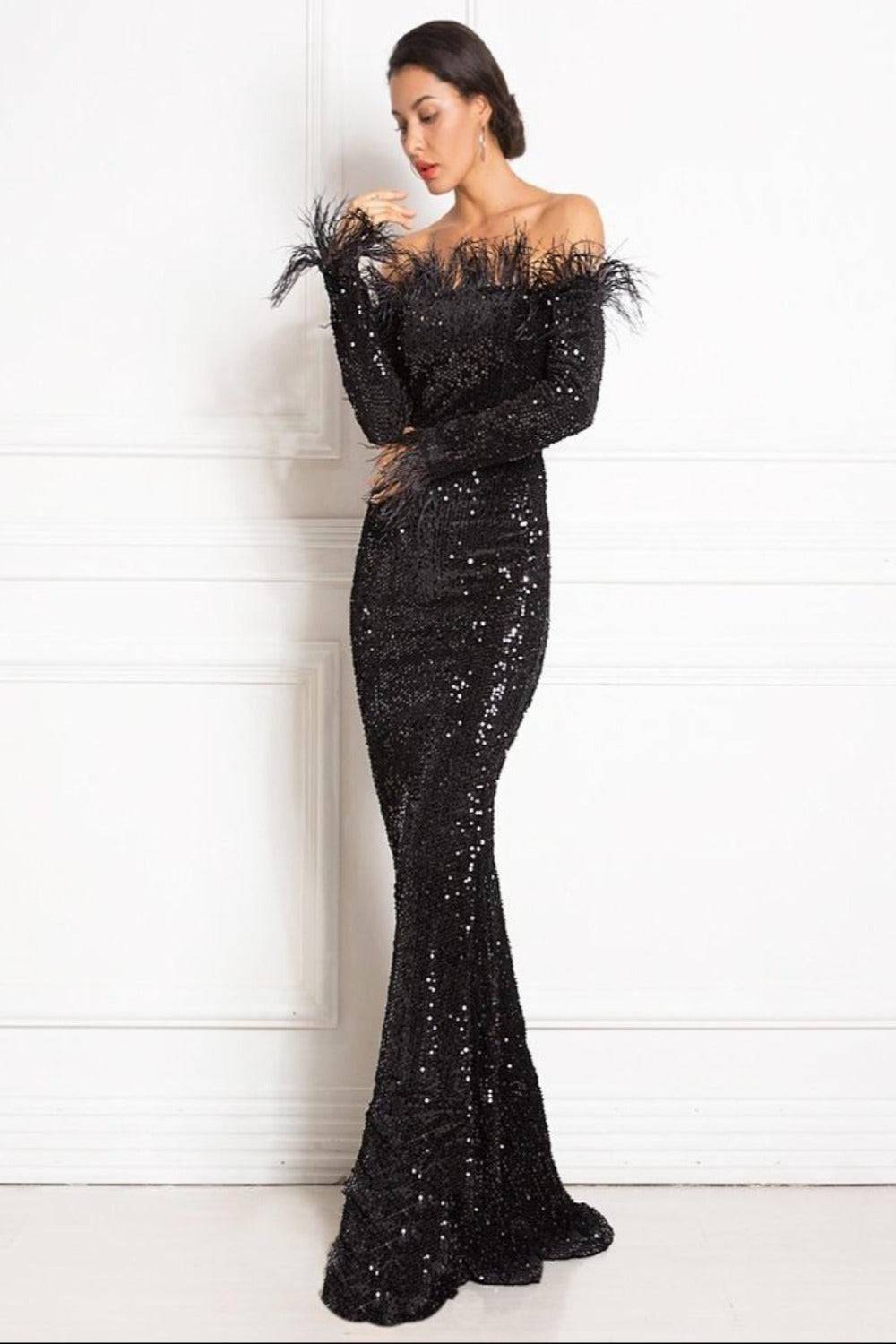 Black Sequin Strapless Feather Long Sleeve Maxi Dress - TGC Boutique - Black Feather Dress