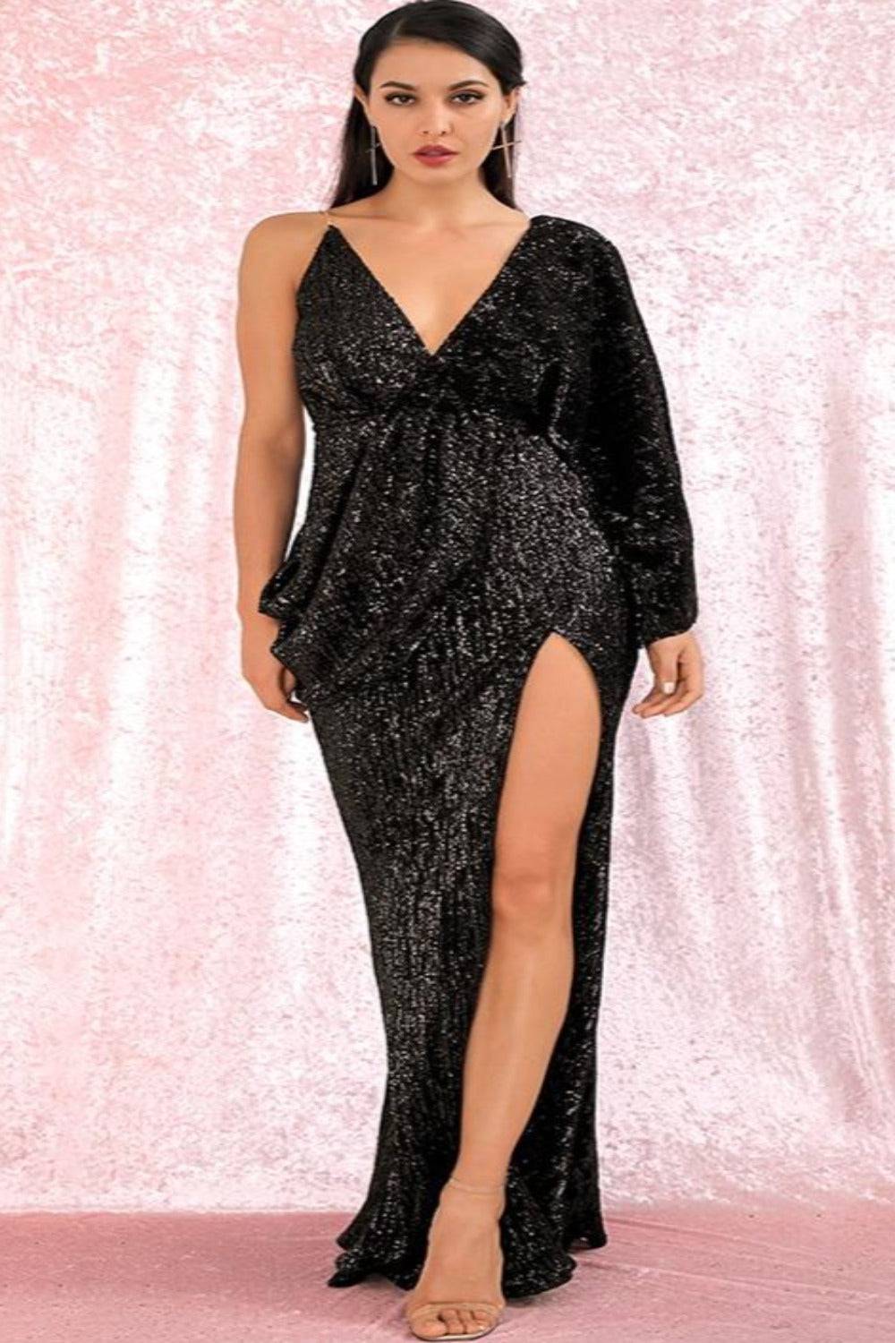 Black Sequins High Slit Long Ball Gown Dress - TGC Boutique - Evening Gown
