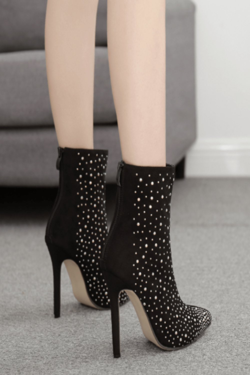 Black Stiletto Heel Pointed Toe Booties Rhinestone Ankle Boots - TGC Boutique - Ankle Booties