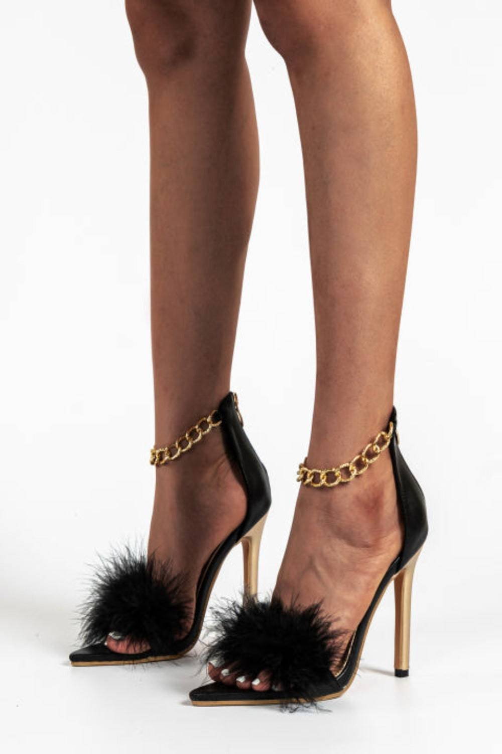Black Stiletto High Heel Sandals Gold Chain Fluffy Fur Shoes - TGC Boutique - High Heel Sandals