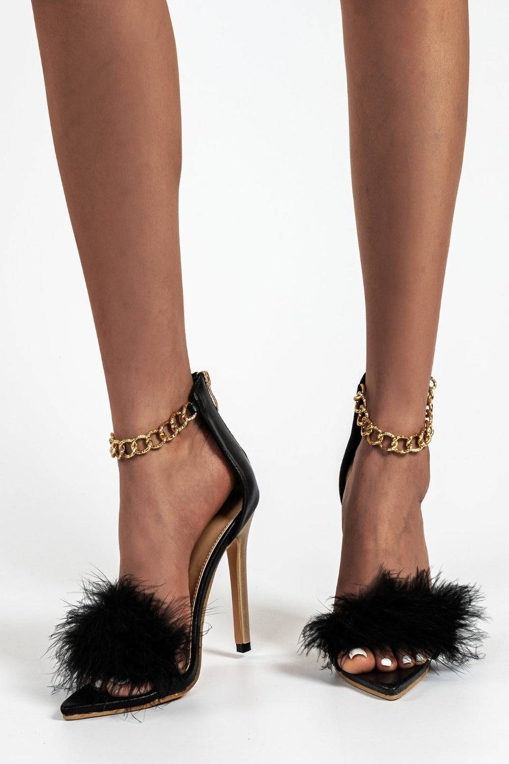 Black Stiletto High Heel Sandals Gold Chain Fluffy Fur Shoes - TGC Boutique - High Heel Sandals