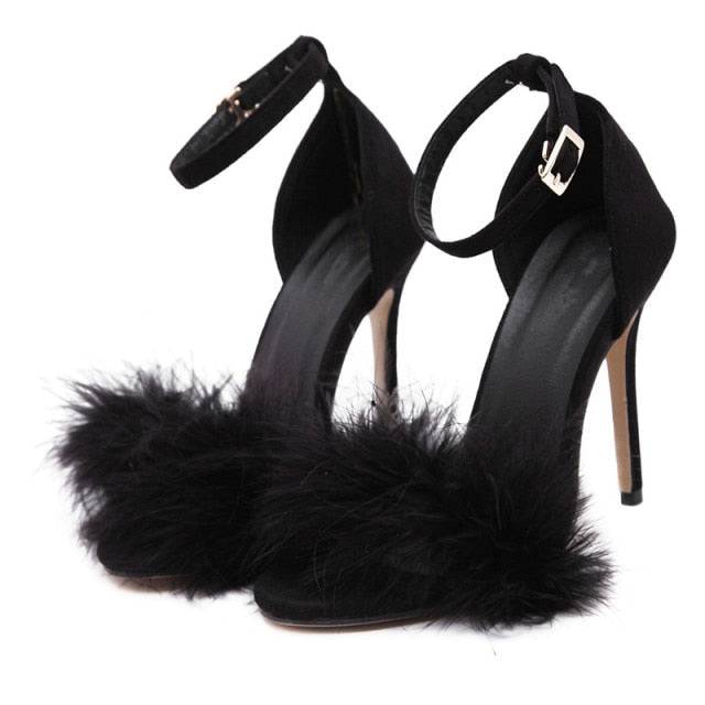 Black Stiletto High Heel Sandals With Fluffy Fur - TGC Boutique - High Heel Sandals