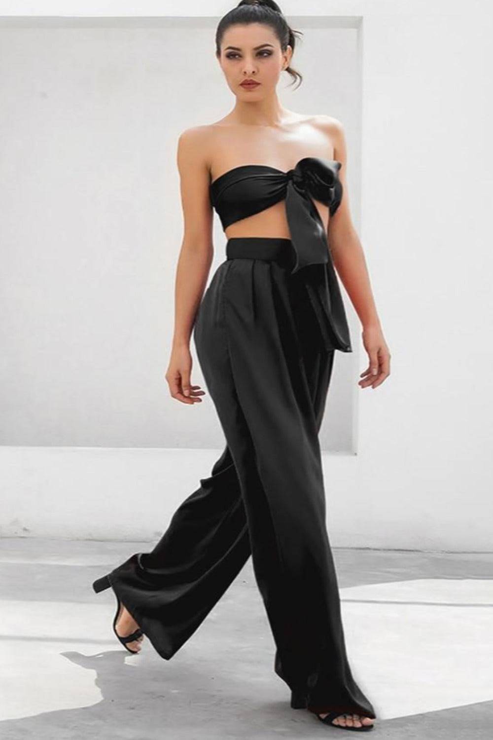 Black Strapless Tie Front High Waist Wide Leg Jumpsuit Pants Set - TGC Boutique Black Strapless Tie Front High Waist Wide Leg Jumpsuit Pants Set - TGC Boutique