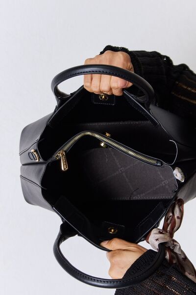 Black Vegan Leather Handbag With Brown Scarf - TGC Boutique - Handbags